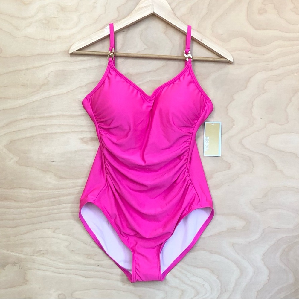 Michael Kors Womens Pink One-Piece Swimsuit V Neck Ruched Beach NWT Size 12.